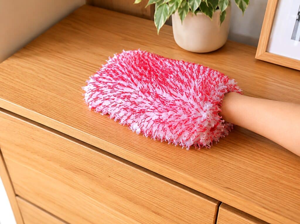 gant microfibre rouge blanc en action menage