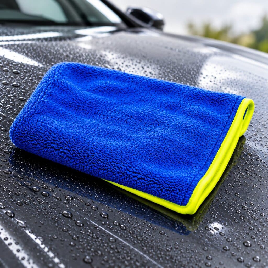 Serviette microfibre Kloryn Séchage Rapide 800 GSM – posée sur une carrosserie mouillée