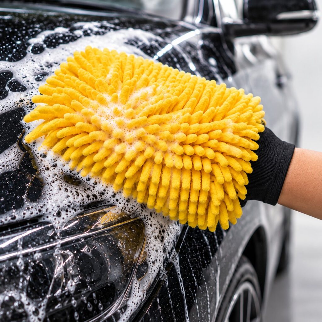 Gant de lavage chenille Kloryn Carrosserie Intacte – sur une carrosserie couverte de mousse