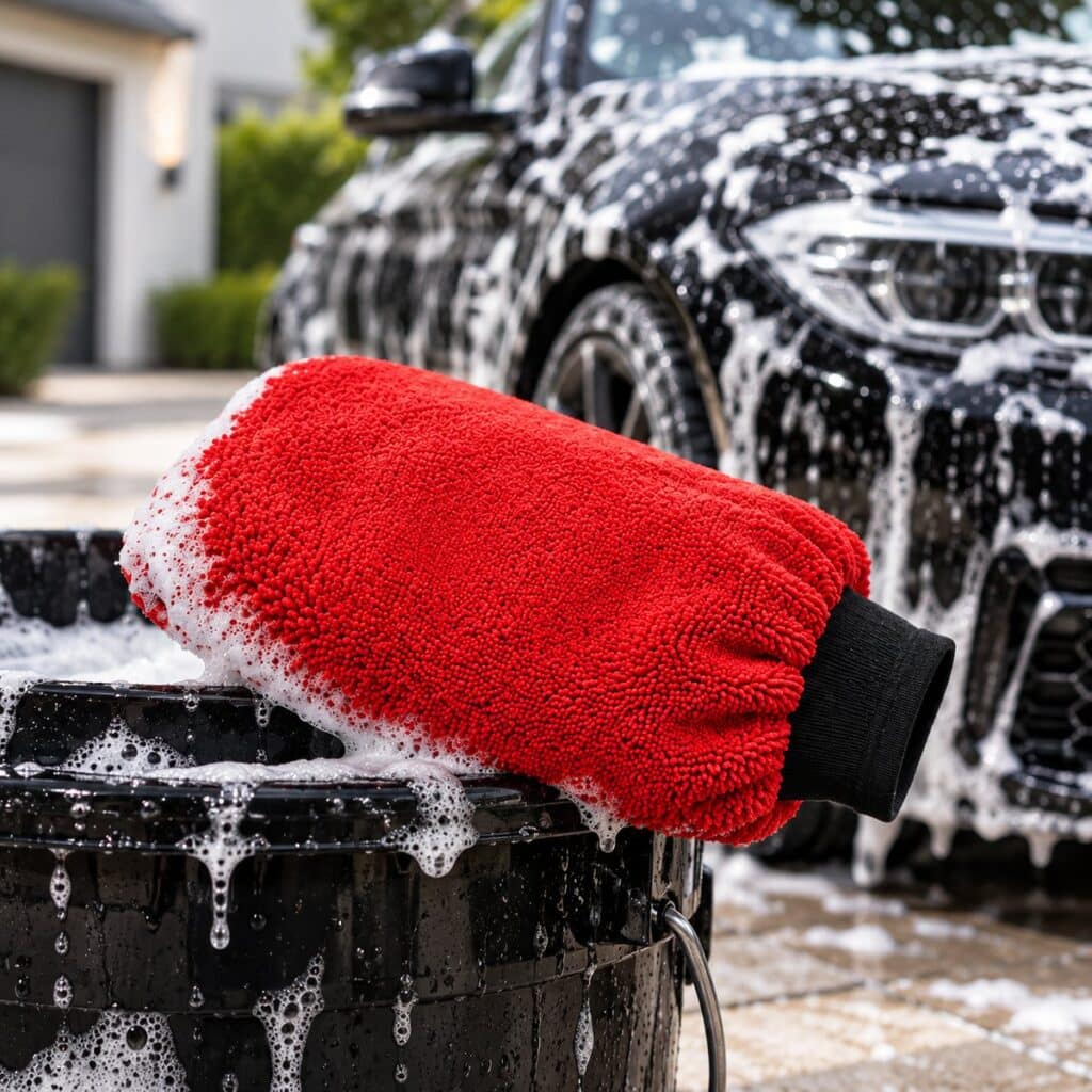 Gant de lavage microfibre Kloryn rouge – posé sur un seau de lavage