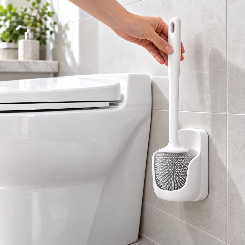 Brosse WC en silicone Hygiène Kloryn – dans son support à côté des WC