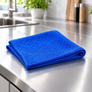 Chiffon microfibre Kloryn Zéro Trace – posé sur un plan de travail en inox