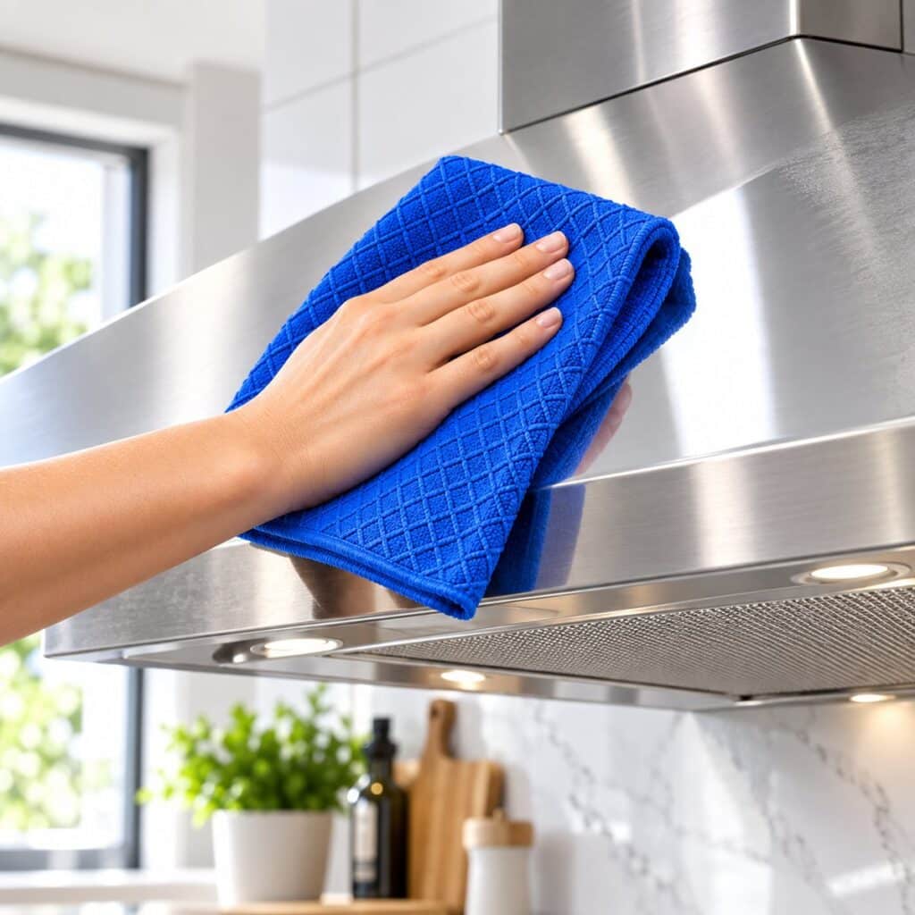Chiffon microfibre Kloryn Zéro Trace – nettoyage d'une hotte en inox