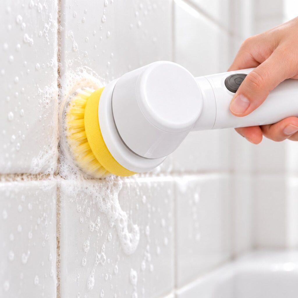 Brosse électrique sans fil Kloryn Nettoyage Express – nettoyage d'un carrelage de douche