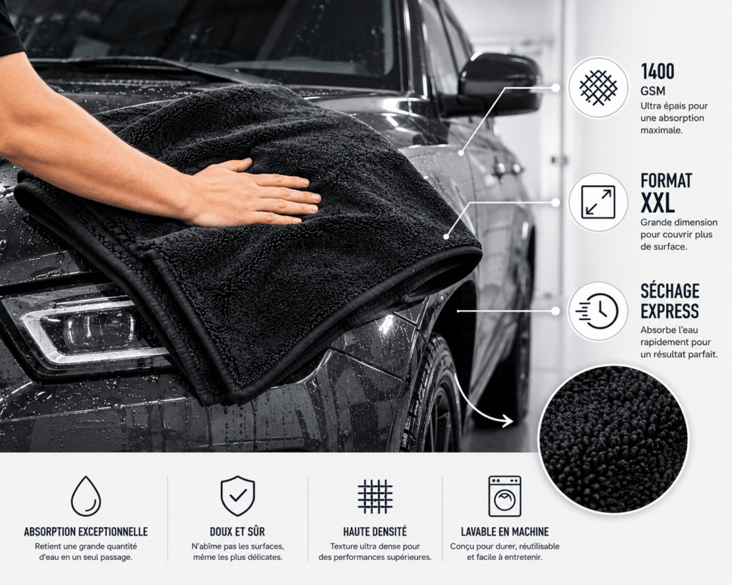 Chiffon microfibre Kloryn 1400 GSM extra large noir séchant une voiture