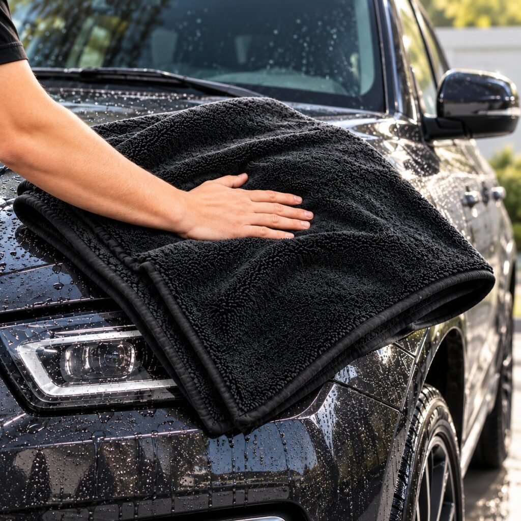 Serviette de séchage Kloryn Grand Format 1400 GSM – séchage du capot d'un SUV