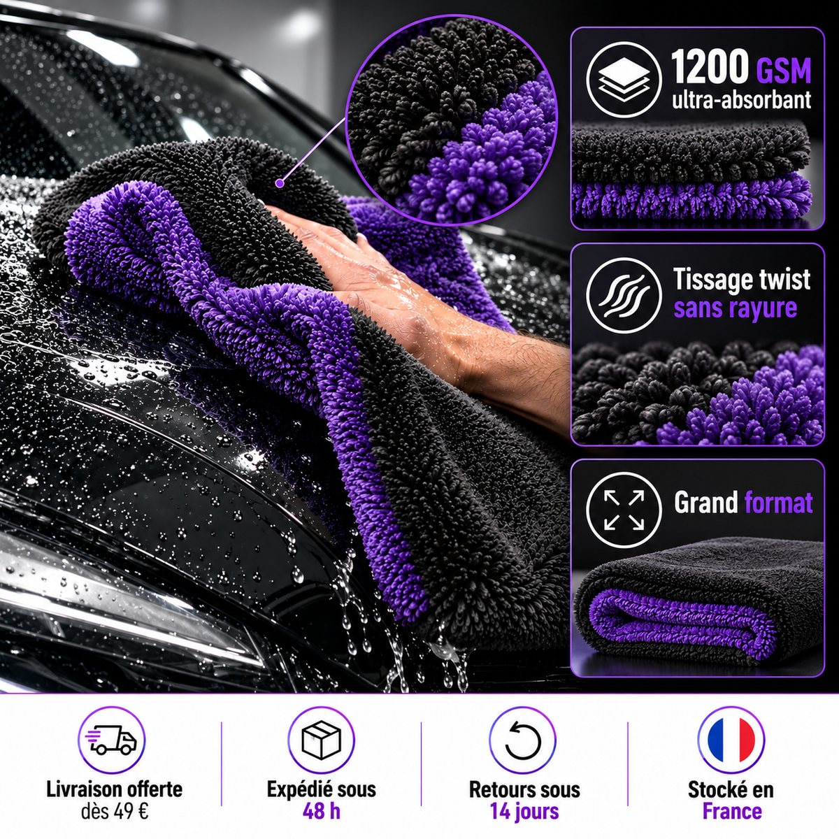 Serviette de séchage Kloryn Twist 1200 GSM – infographie des avantages