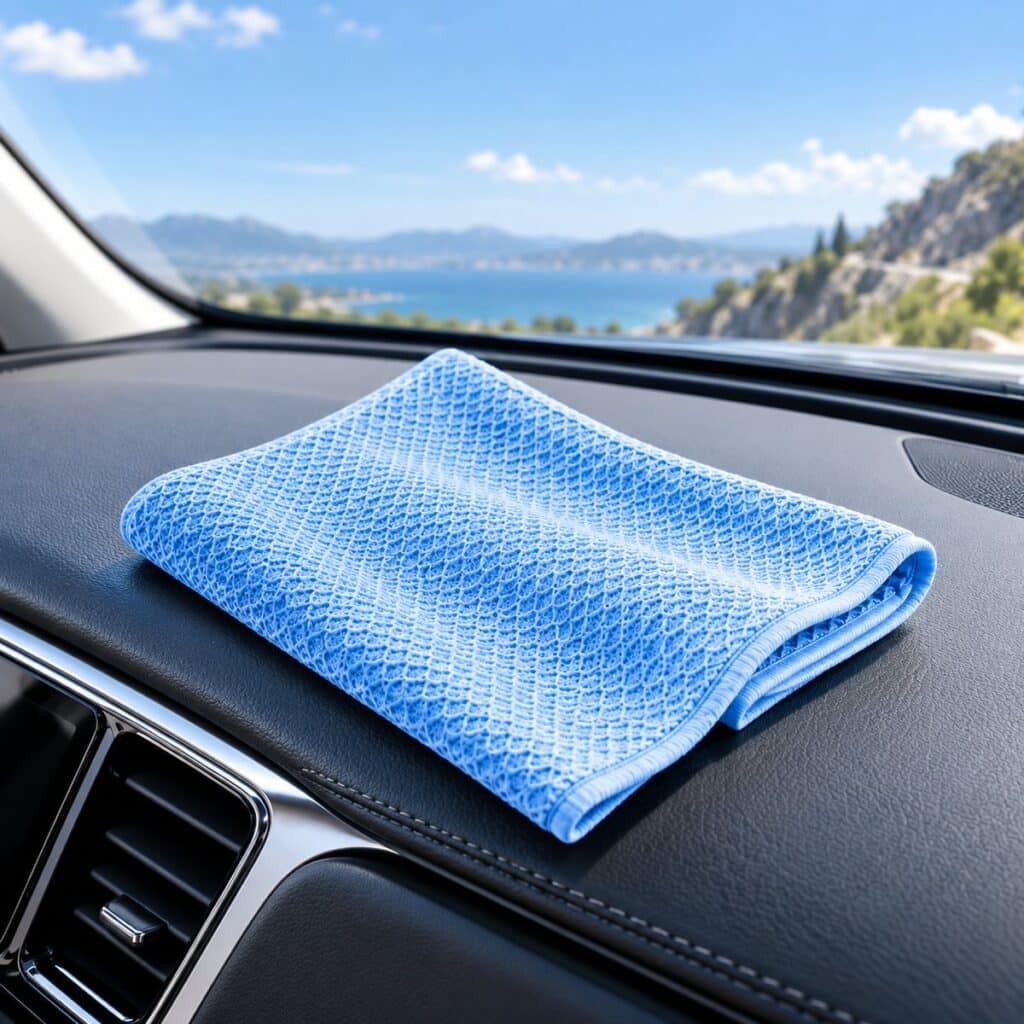 Chiffon microfibre Kloryn Vitres Nettes – posé sur le tableau de bord